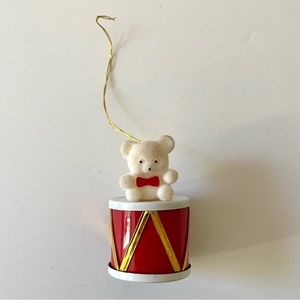 Vintage Flocked Bear on a Drum Christmas Ornament